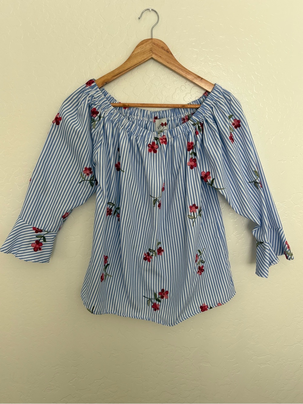 Striped Blue Off-Shoulder Blouse with Red Floral Embroidery